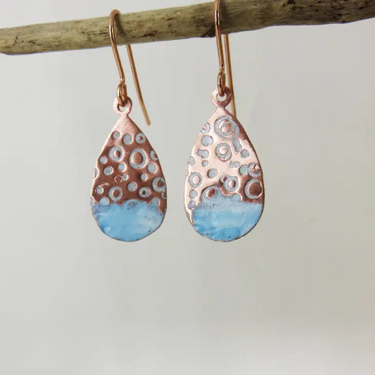 Teardrop Dangle Earrings - Circle Textured Copper With Enamel