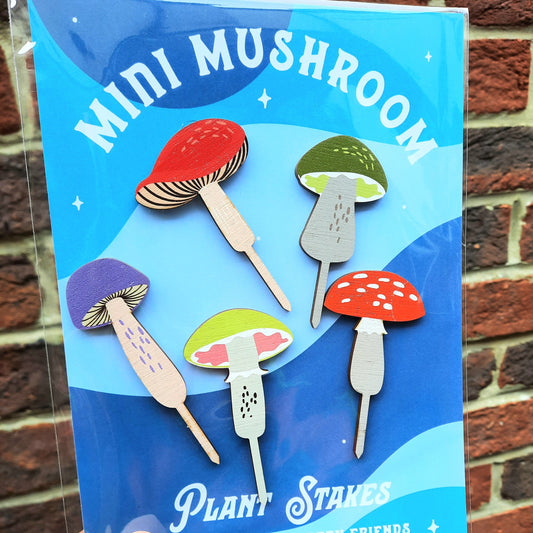 Set Of Wooden Mini Mushroom Plant Stakes