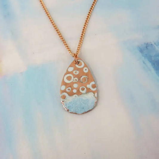 Teardrop Pendant -Textured Copper with Blue and White Enamel