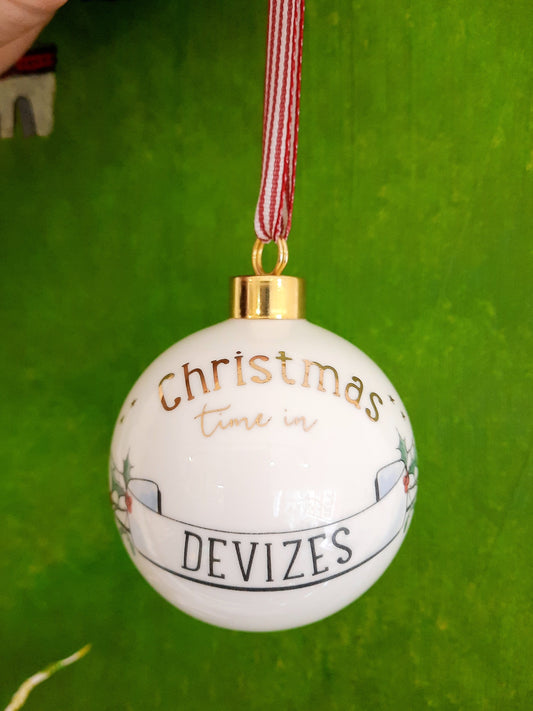 'Christmas Time In Devizes' Ceramic Christmas Bauble
