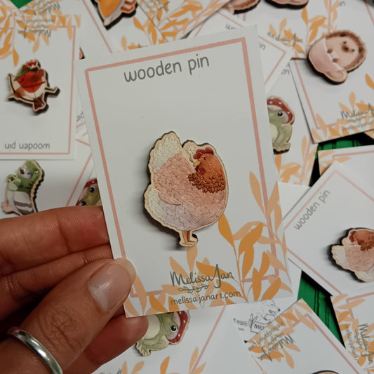 Spring Hen Wooden Pin Badge