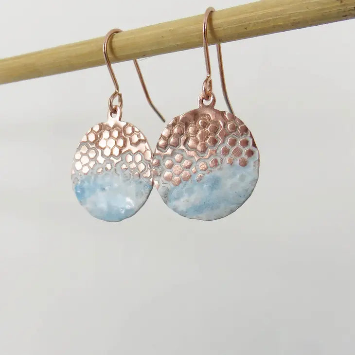 Circle Enamel and Textured Copper Dangle Earrings