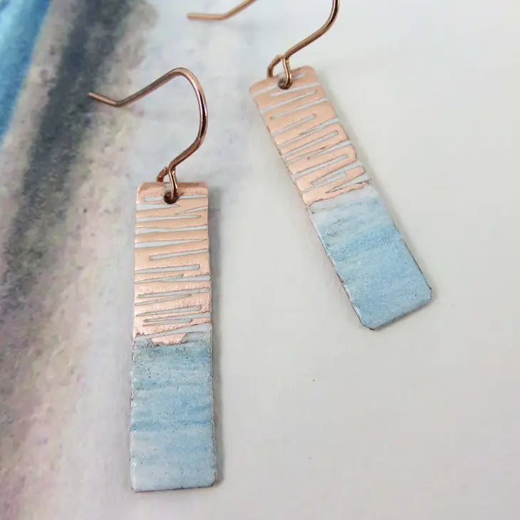 Rectangle Dangle Drop Earrings - Enamel and Textured Copper