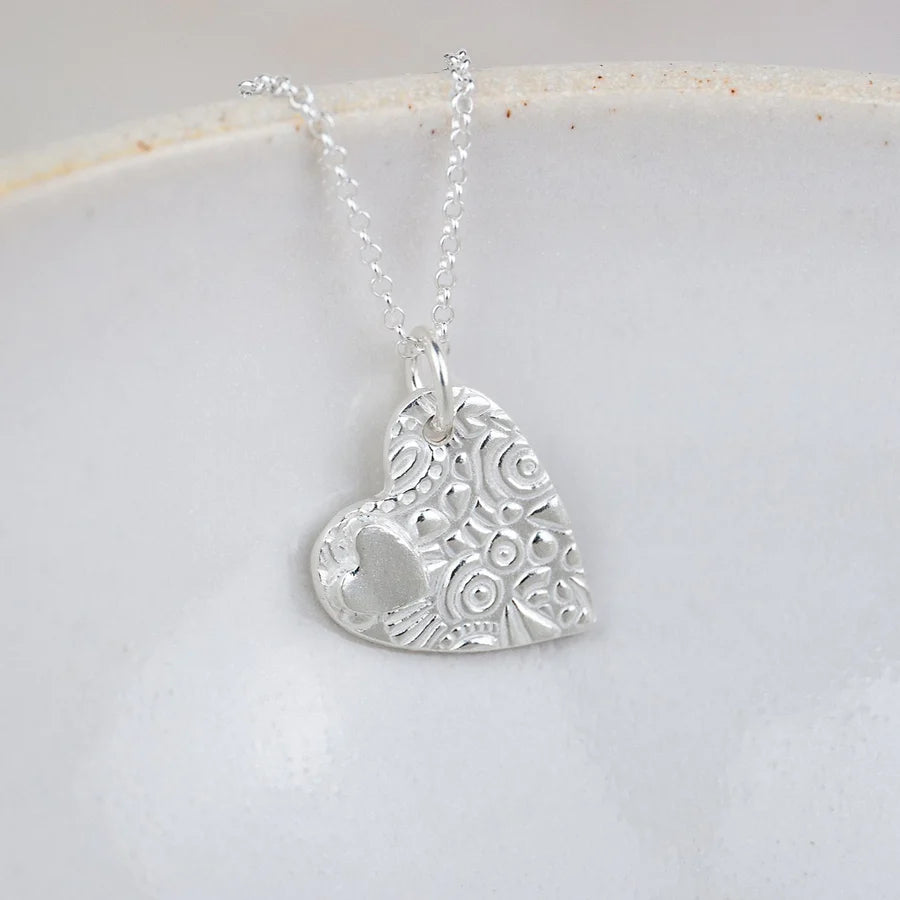 Sterling Silver Textured Double Heart Pendant
