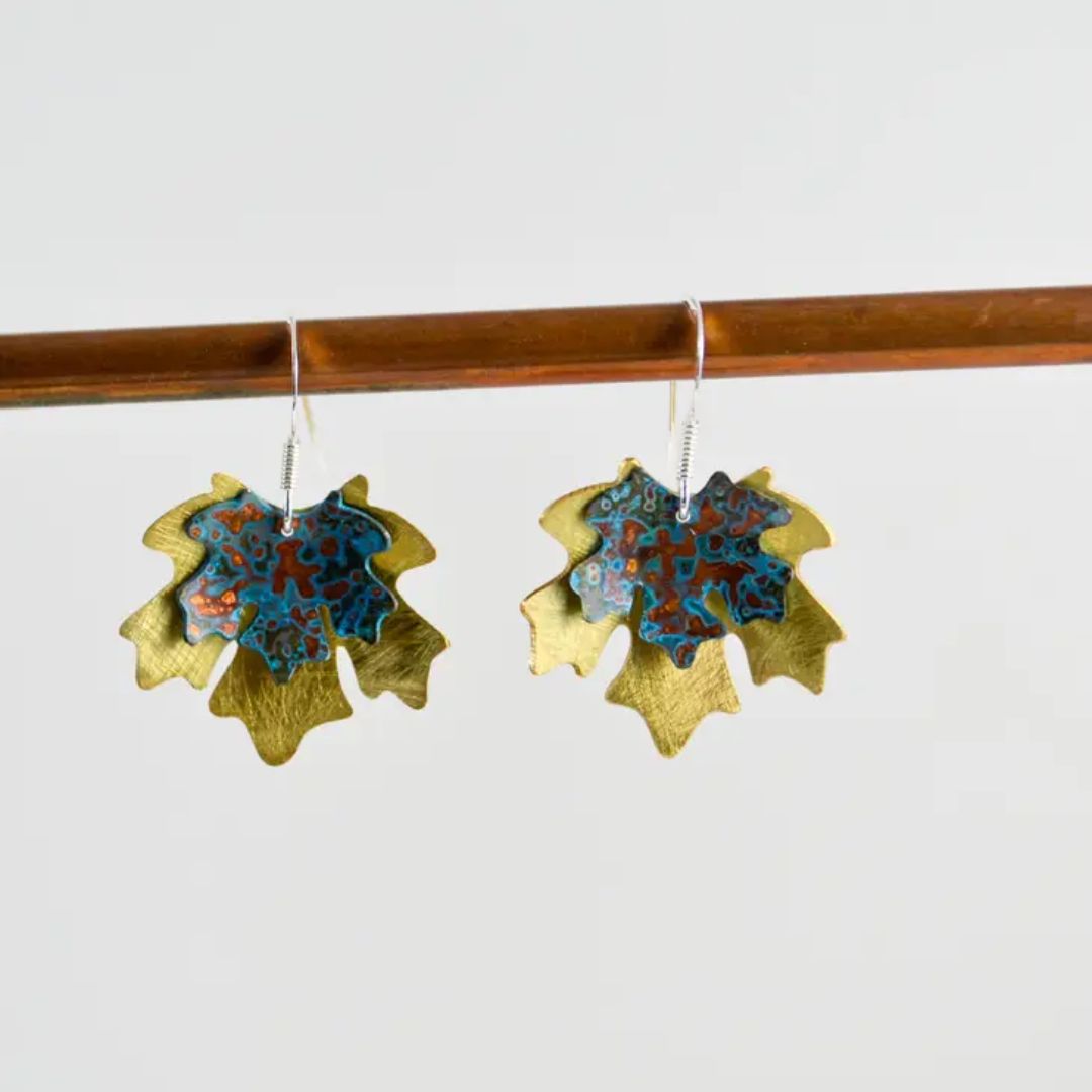 Double Brass & Copper Maple Leaf Drop Earrings
