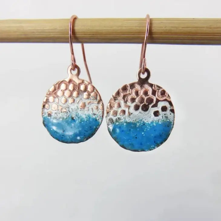 Circle Teal Enamel and Textured Copper Dangle Earrings