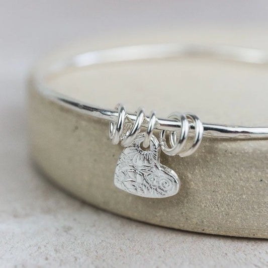 Sterling Silver Textured Heart Charm Bangle - Multiple Sizes Available