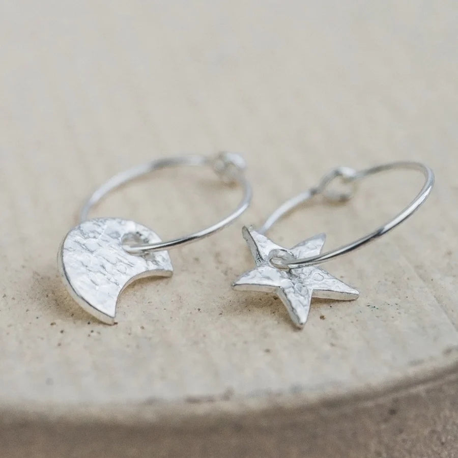 Sterling Silver Textured Hoops - Mismatch Star and Moon