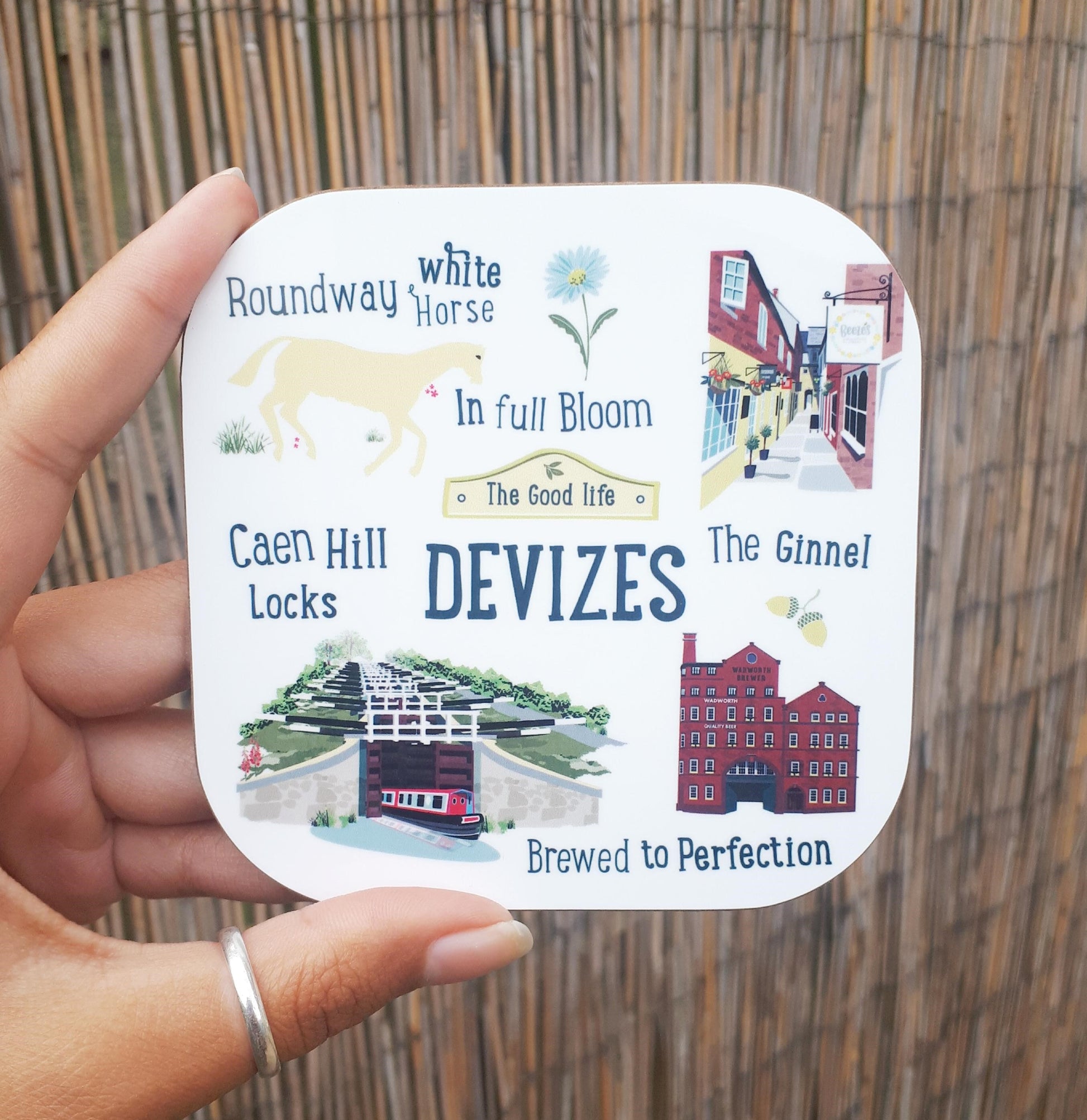 Devizes The good life drinks mat coaster caen hill canal locks, wadworth brewery, the ginnel and roundway white horse illustration from beezes