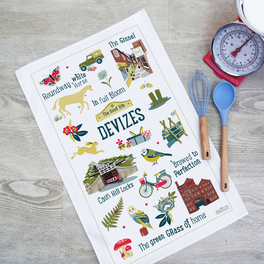 Devizes the good life cotton tea towel washing & drying up - Caen hill canal locks, rounway white horse, the Ginnel, Wadworth brewery illustrations