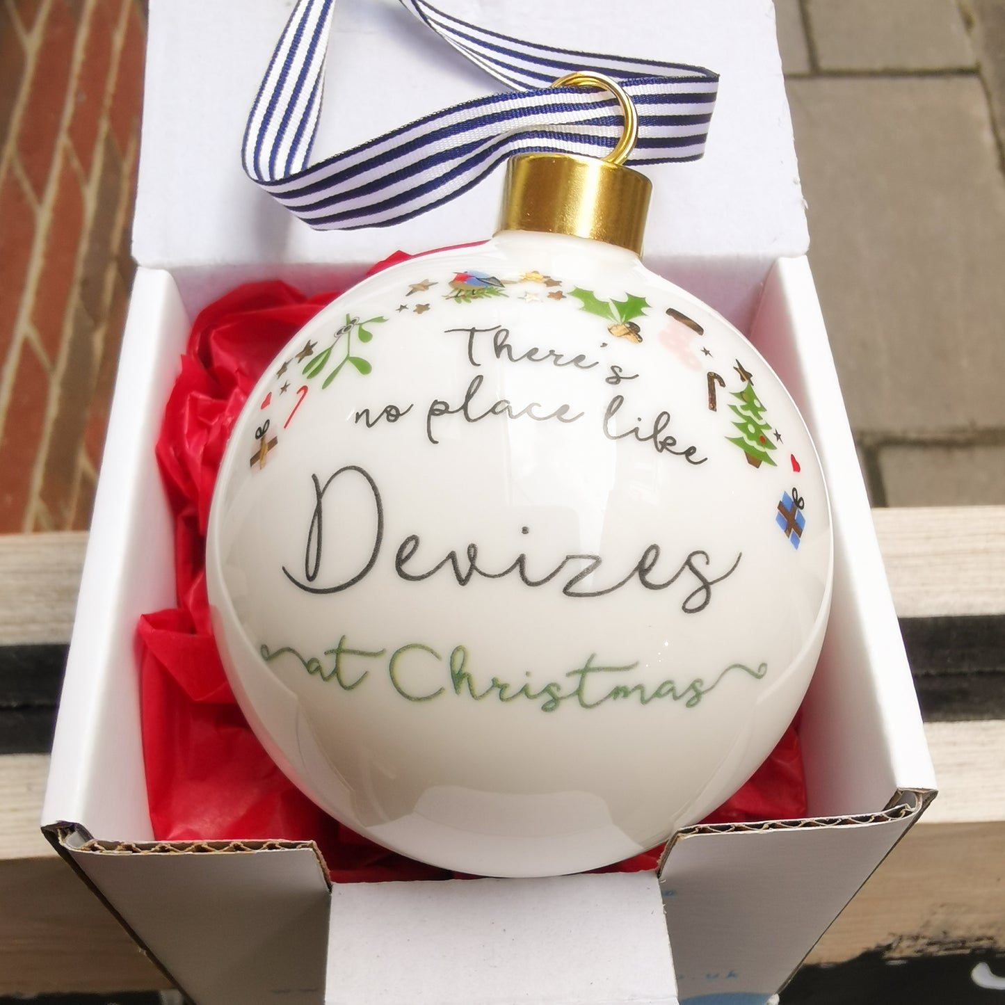 'There's No Place Like Devizes At Christmas' Ceramic Christmas Bauble