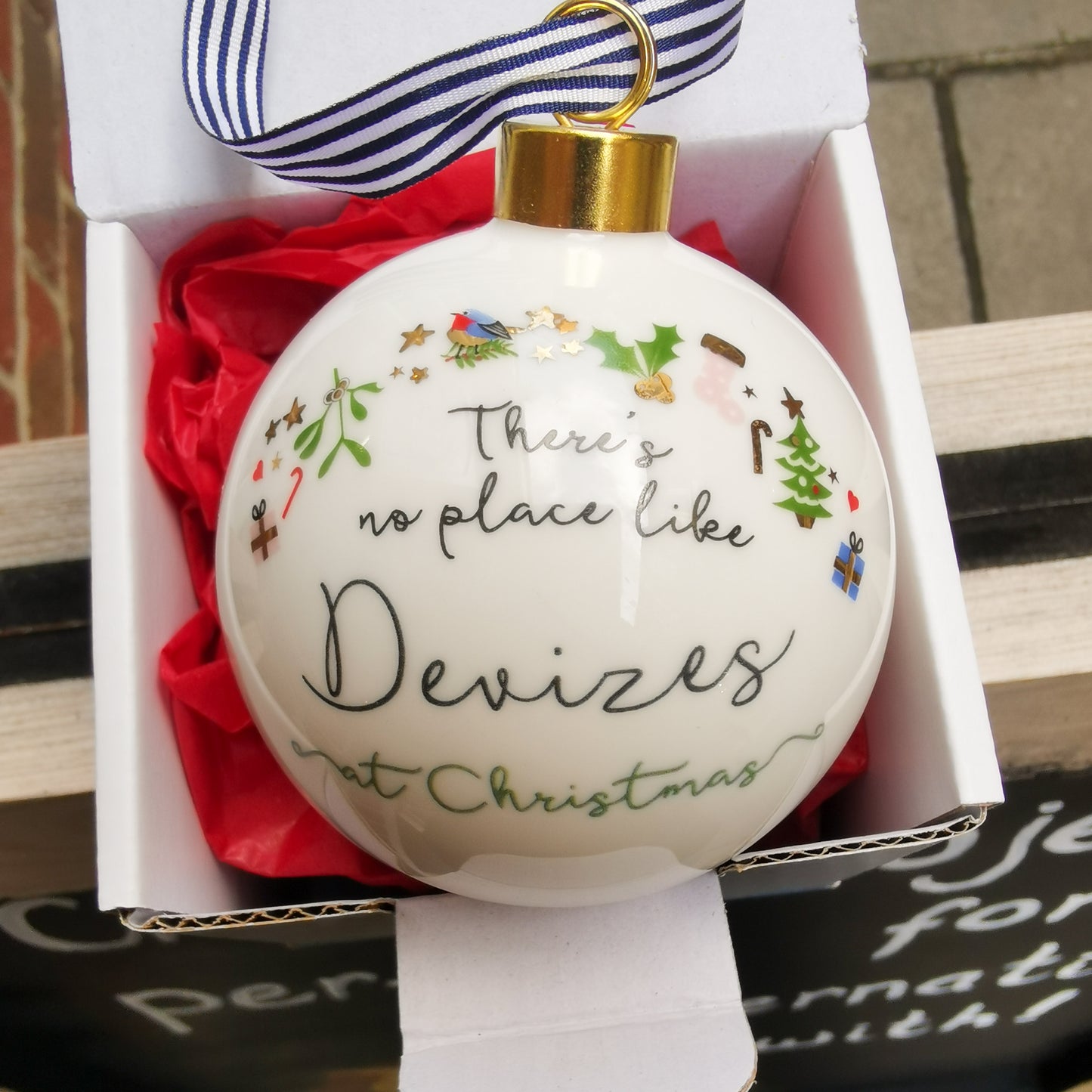 'There's No Place Like Devizes At Christmas' Ceramic Christmas Bauble
