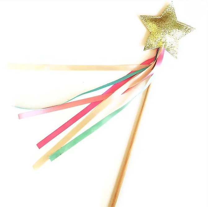 gold glitter wand with colourful ribbon tassels and gold star from A is for Alice at beezes and little bs